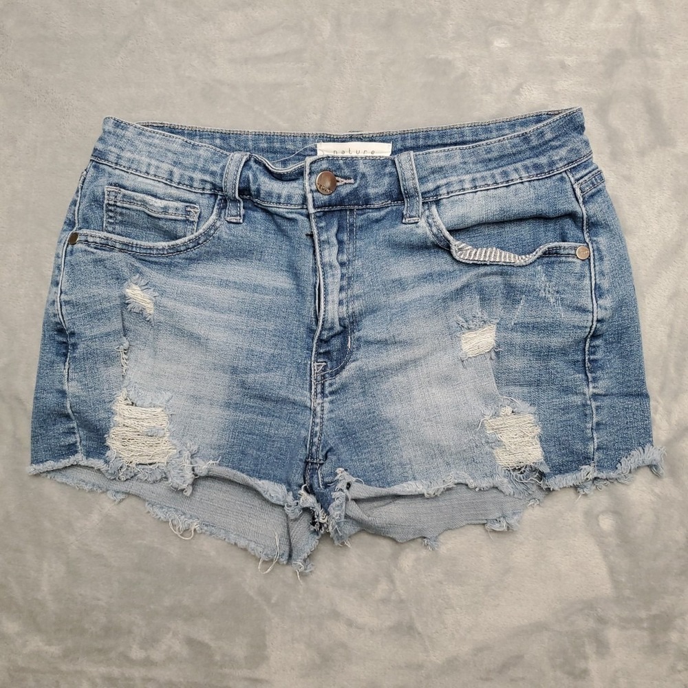 Nature Denim Shorts Womens L Blue Distressed Cut Off Frayed Summer Boho Festival